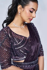 Saree set blouse with aubergine purple sequined yoke and sheer three-quarter sleeves