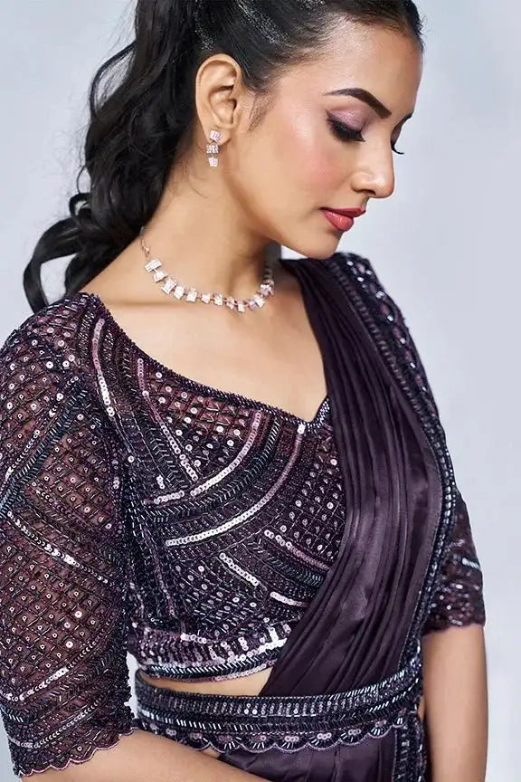 Aubergine purple embellished blouse with V neckline and sequined sleeves