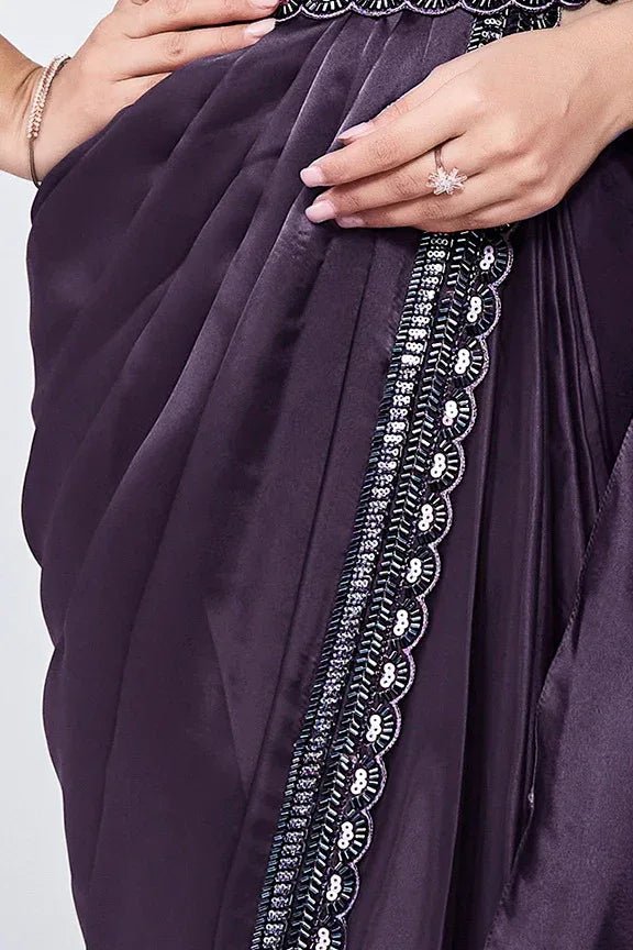 Nayoora Luxe Royal Aubergine Purple Metallic Tissue Silk Ready - to - Wear Saree Set - Nayoora