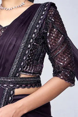 Aubergine purple sequined blouse with scalloped hem trim and draped dupatta