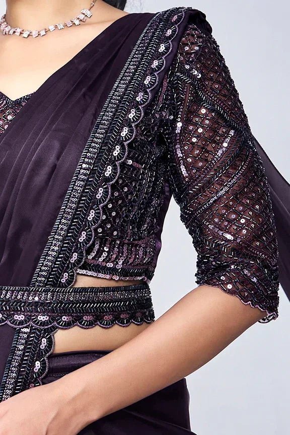 Nayoora Luxe Royal Aubergine Purple Metallic Tissue Silk Ready - to - Wear Saree Set - Nayoora