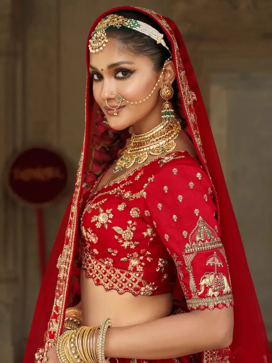 Nayoora Luxe Royal Crimson Red Heritage Doli Work Bridal Silk Lehenga - Nayoora