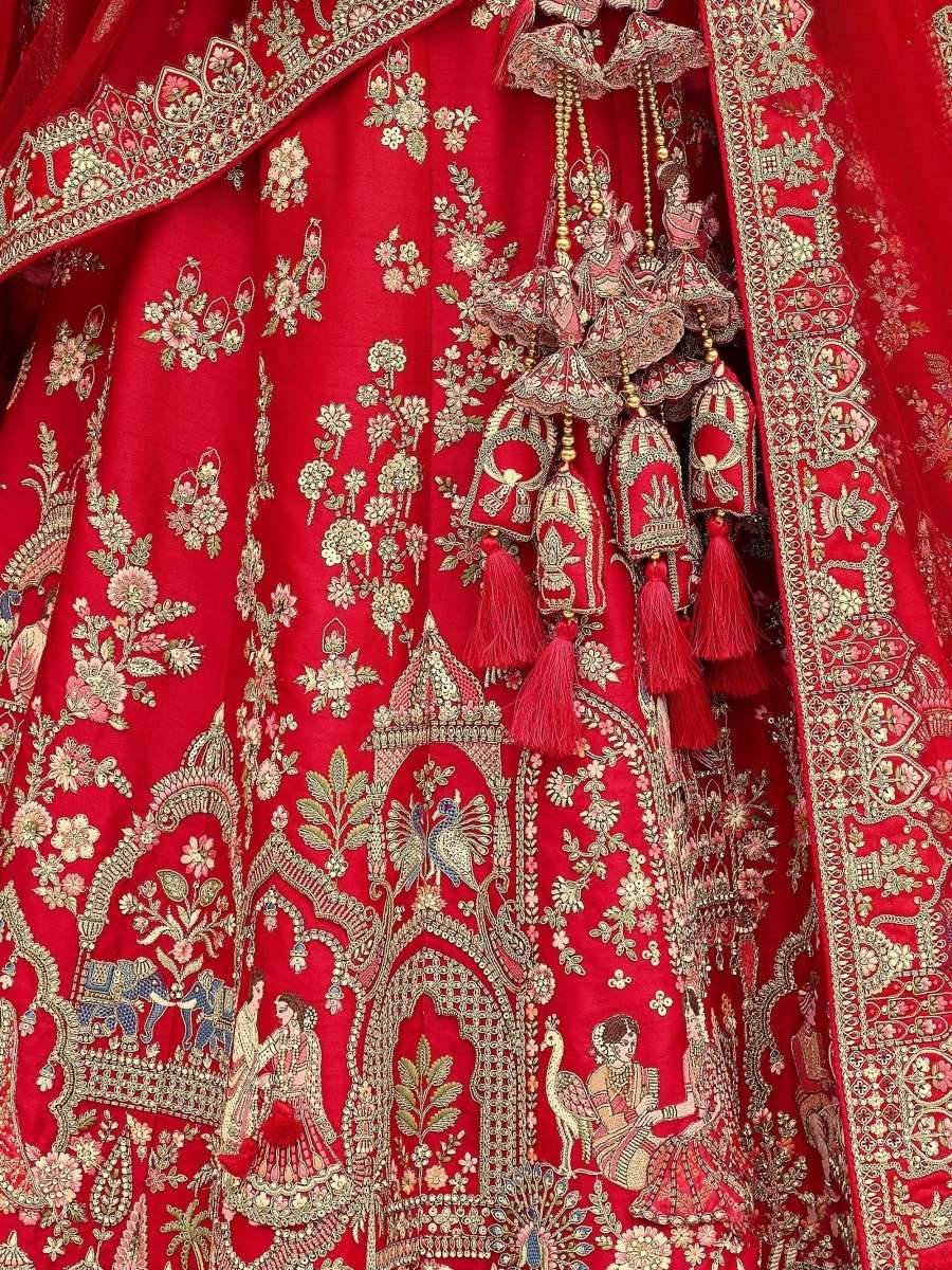 Nayoora Luxe Royal Crimson Red Heritage Doli Work Bridal Silk Lehenga - Nayoora