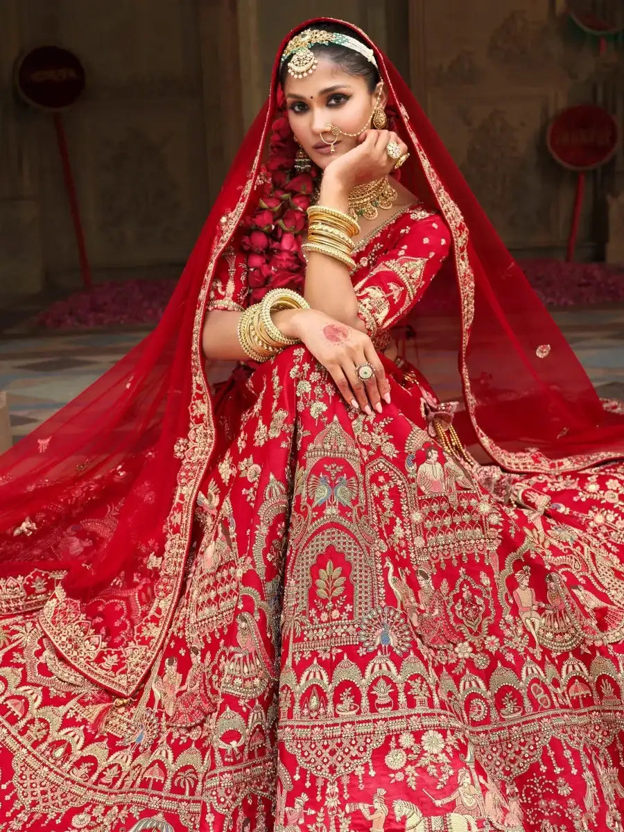 Nayoora Luxe Royal Crimson Red Heritage Doli Work Bridal Silk Lehenga - Nayoora