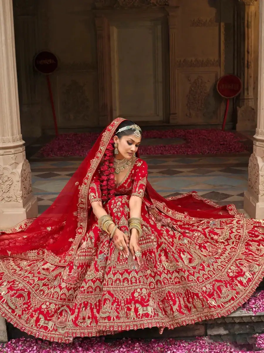 Nayoora Luxe Royal Crimson Red Heritage Doli Work Bridal Silk Lehenga - Nayoora
