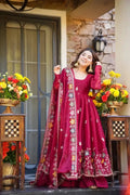 Maroon anarkali dress with floral thread and sequin embroidery, long sleeves