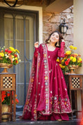 Nayoora Luxe Royal Maroon Floral Thread & Sequin Embroidered Silk Anarkali Set - Nayoora