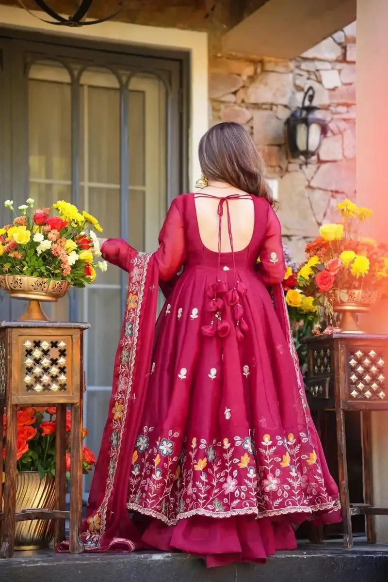 Maroon anarkali dress with open-back yoke and floral sequin embroidery, long sleeves