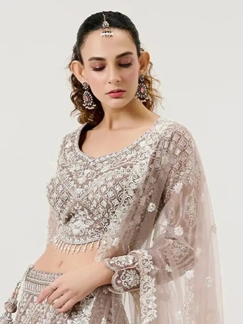 Embroidered long-sleeve blouse with sheer dupatta drape over bridal lehenga skirt