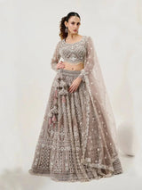 Embroidered bridal lehenga set: long-sleeve blouse, tiered net skirt, sheer dupatta