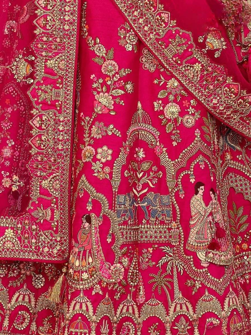 Rani pink silk lehenga fabric with gold embroidery, floral motifs, and figures