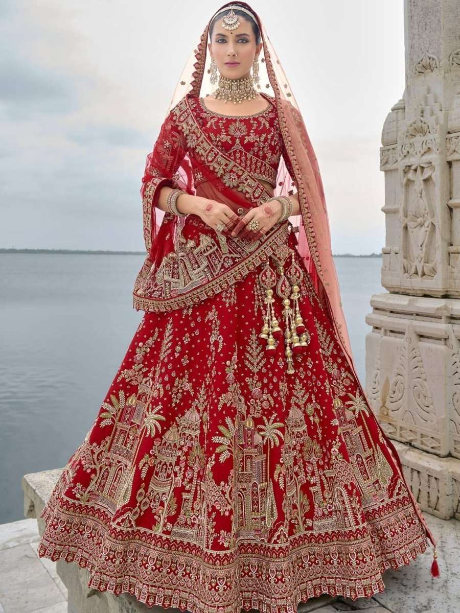 Nayoora Luxe Royal Red Heritage Doli Work Double Dupatta Bridal Lehenga - Nayoora