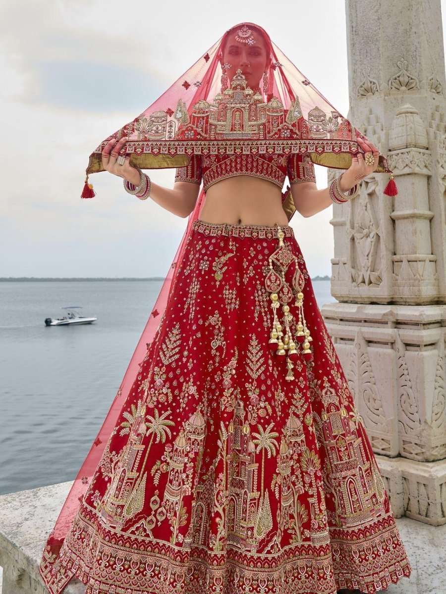 Nayoora Luxe Royal Red Heritage Doli Work Double Dupatta Bridal Lehenga - Nayoora