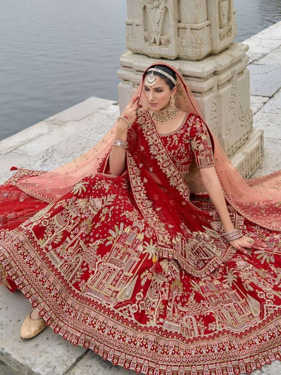 Nayoora Luxe Royal Red Heritage Doli Work Double Dupatta Bridal Lehenga - Nayoora