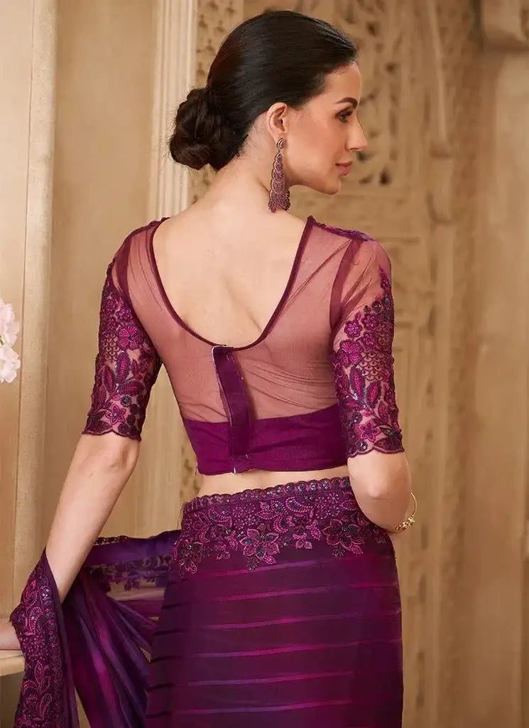 Royal violet satin silk saree with sheer back blouse panel and lace sleeves, back view