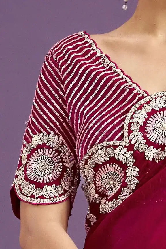 Ruby pink velvet saree blouse sleeve with white circular scalloped trim