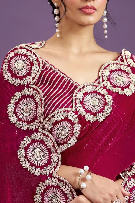Nayoora Luxe Ruby Pink Velvet Scalloped Border Saree - Nayoora