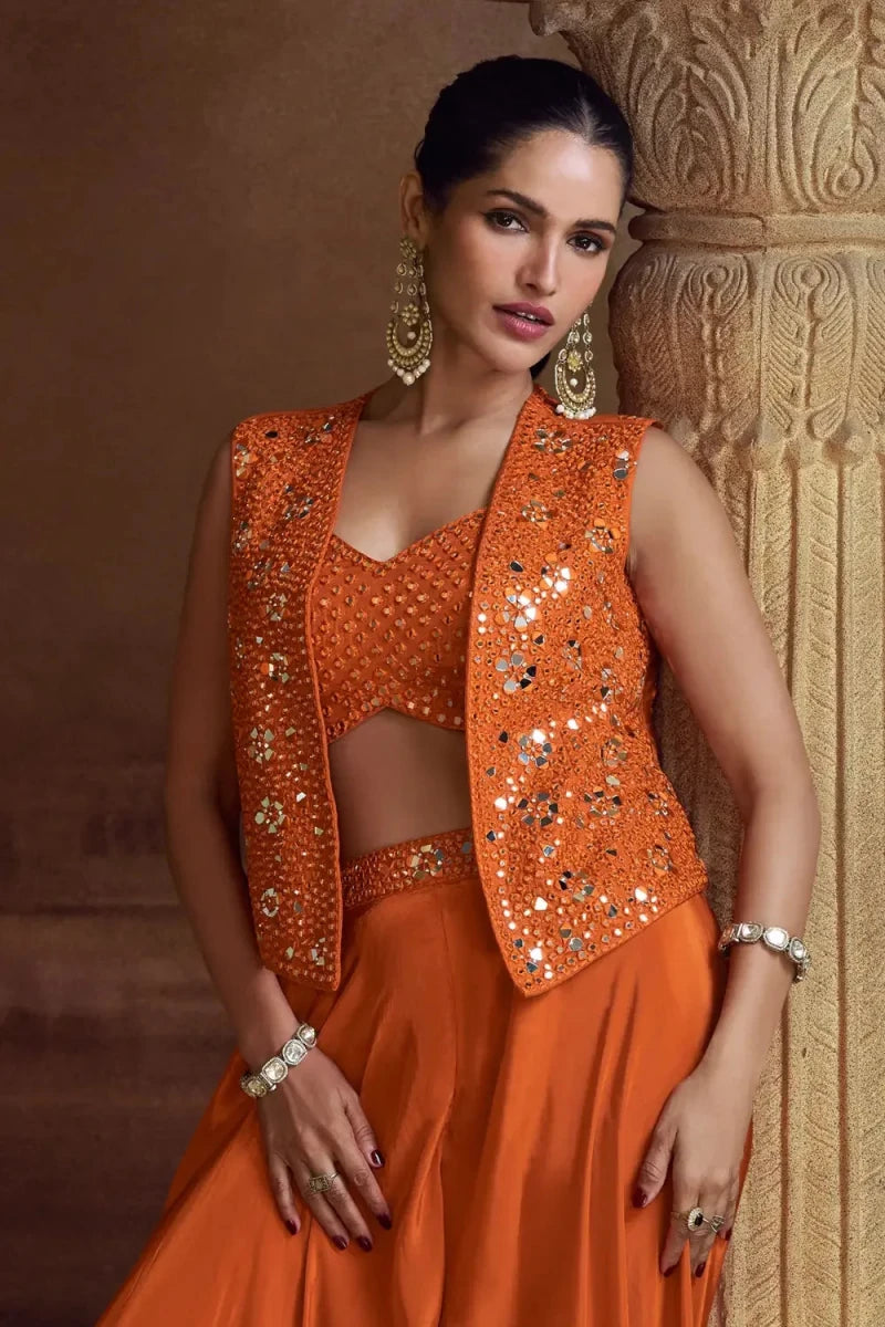 Nayoora Luxe Rust Orange Real Mirror Work Jacket Style Chinnon Co - Ord Set - Nayoora