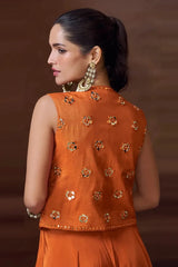 Rust orange mirror-work sleeveless jacket back with floral embellishment