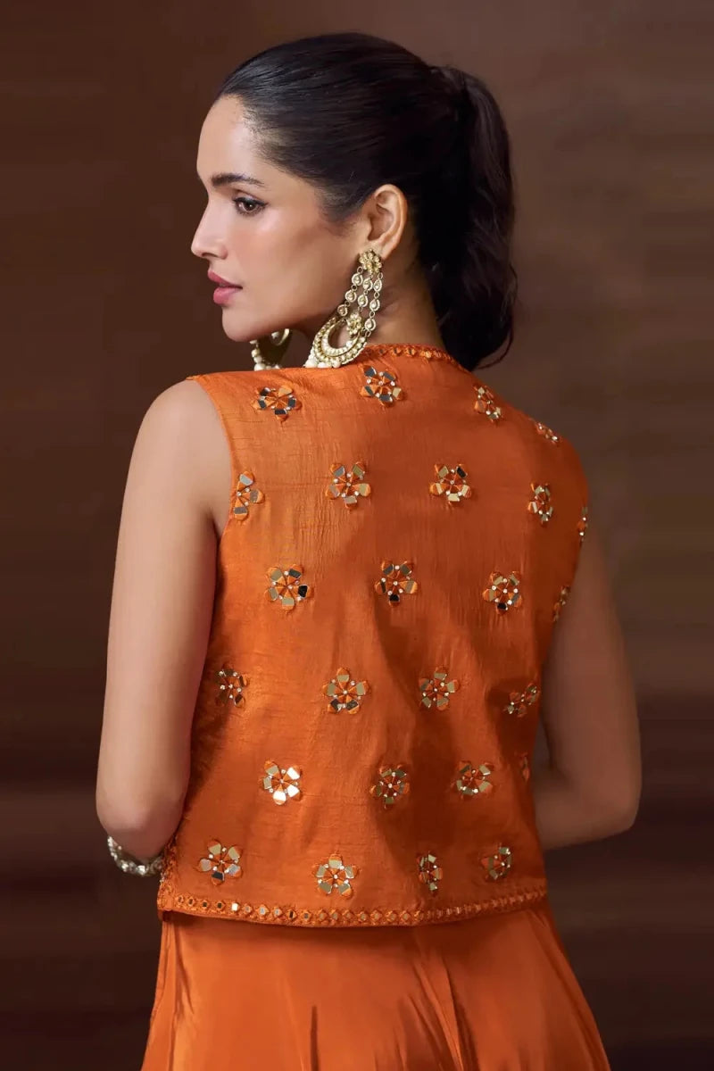 Nayoora Luxe Rust Orange Real Mirror Work Jacket Style Chinnon Co - Ord Set - Nayoora