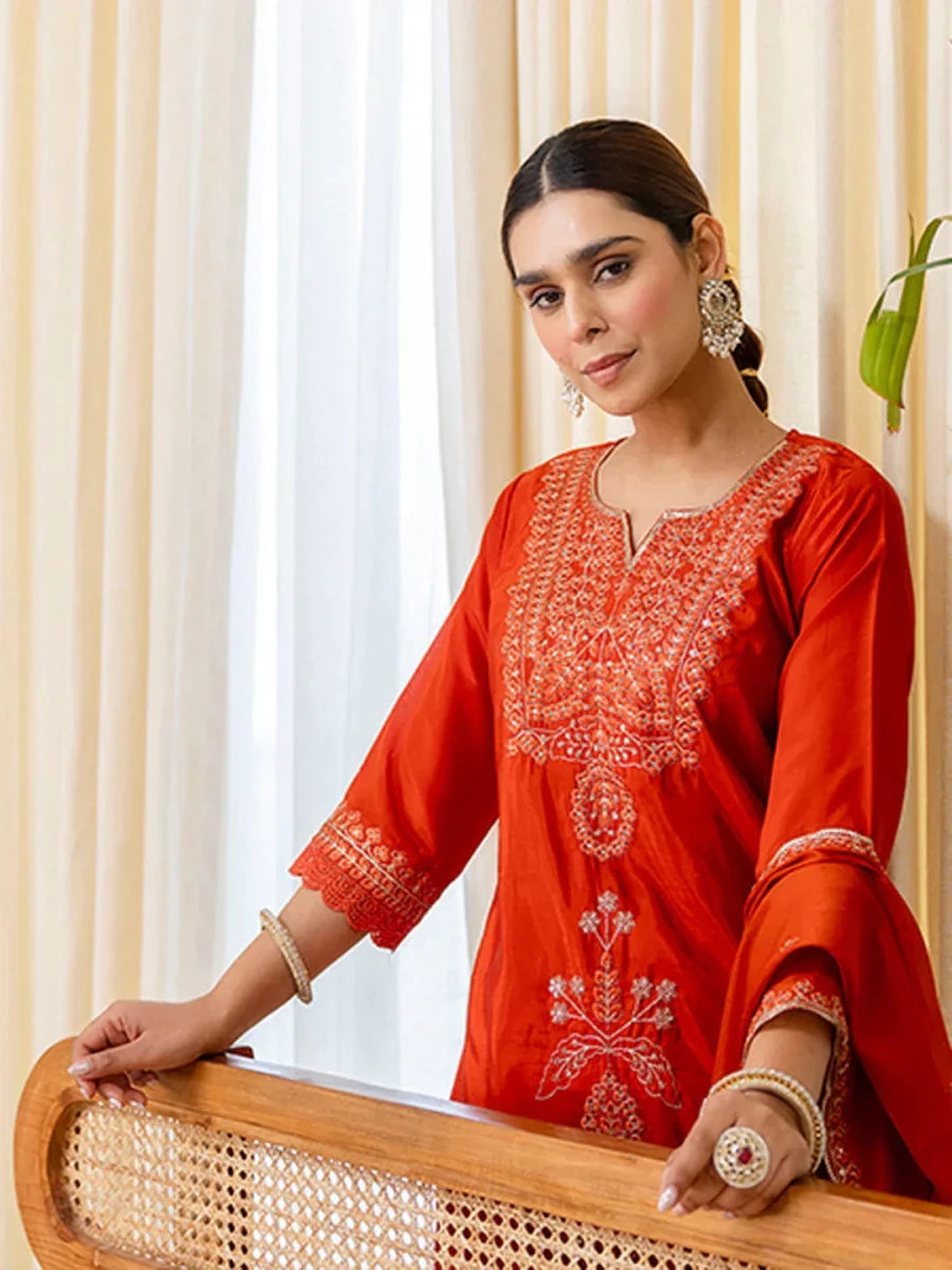 Nayoora Luxe Rust Silk Blend Embroidered Kurti Suit Set - Nayoora
