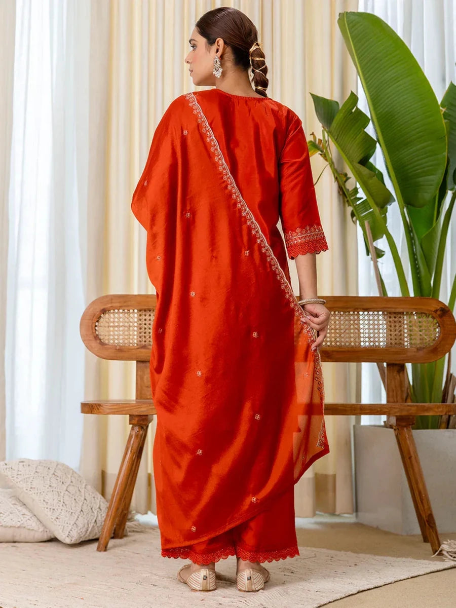 Nayoora Luxe Rust Silk Blend Embroidered Kurti Suit Set - Nayoora