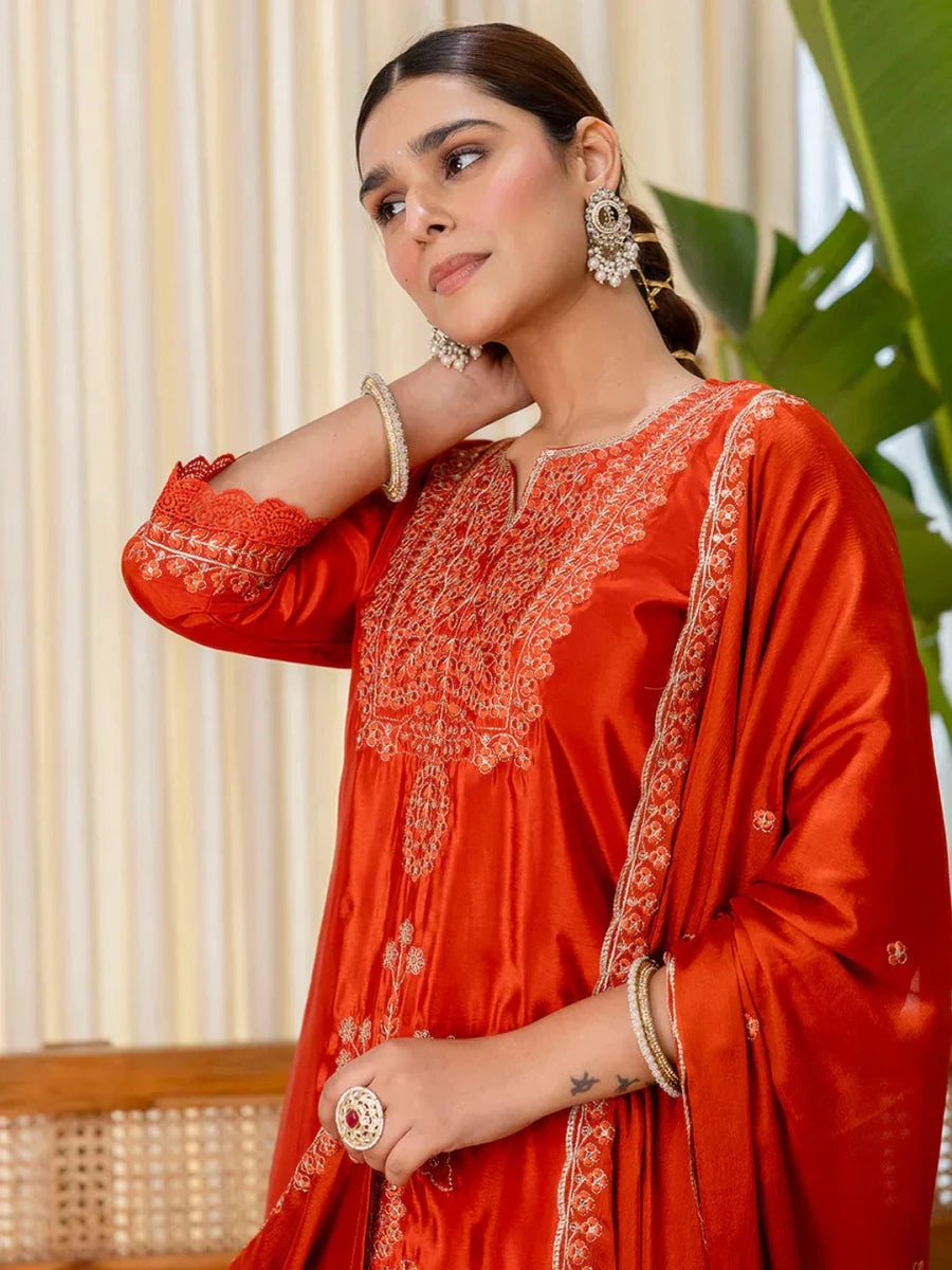Nayoora Luxe Rust Silk Blend Embroidered Kurti Suit Set - Nayoora