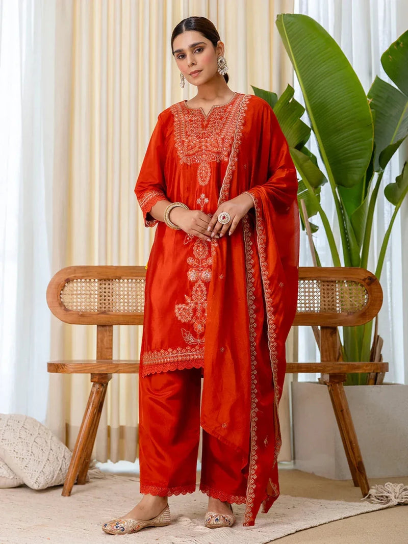 Nayoora Luxe Rust Silk Blend Embroidered Kurti Suit Set - Nayoora