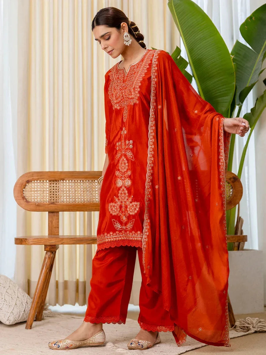 Nayoora Luxe Rust Silk Blend Embroidered Kurti Suit Set - Nayoora