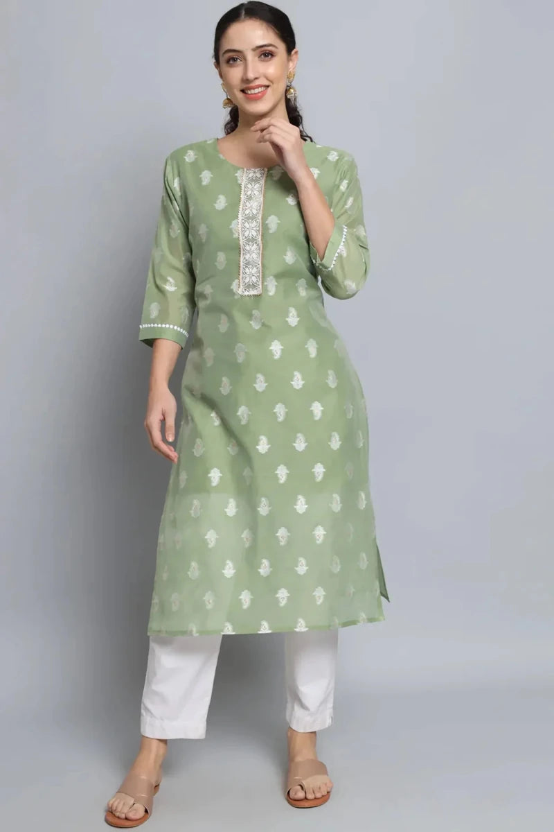 Sage green straight kurti with white motif print and embroidered neckline placket