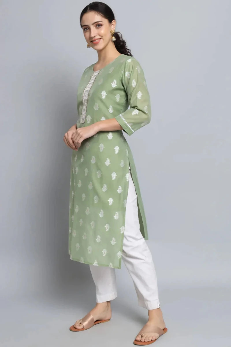Sage green straight kurti with allover white motif print, contrast trim side slits