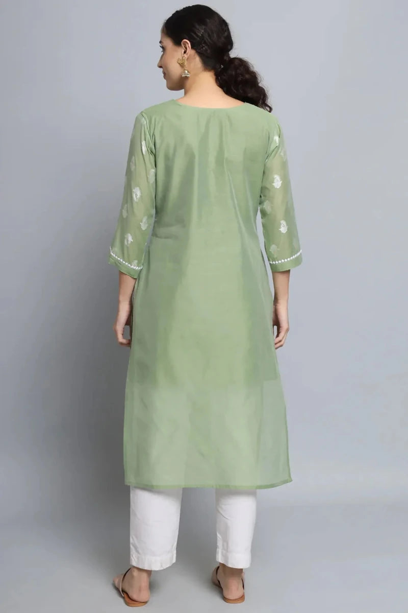 Sage green straight kurti with white motif print, back yoke detail