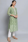 Sage green straight kurti with white motif print and vertical embellished front panel