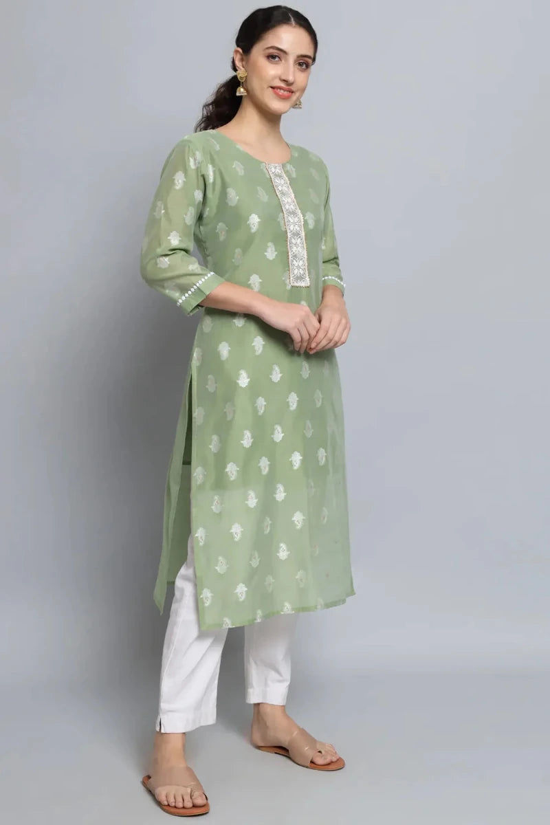 Sage green straight kurti with white motif print and vertical embellished front panel