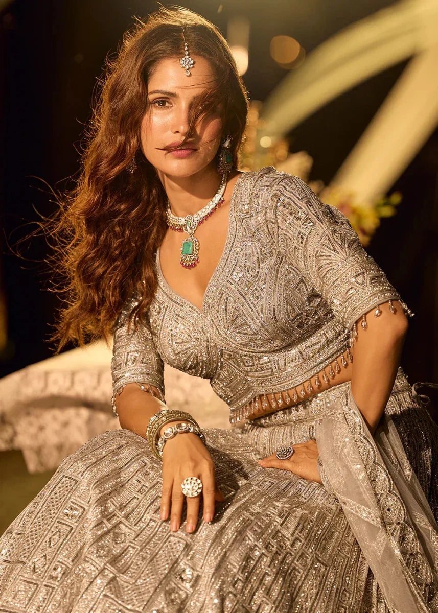 Nayoora Luxe Silver Metallic Net Mirror Work Bridal Lehenga - Nayoora