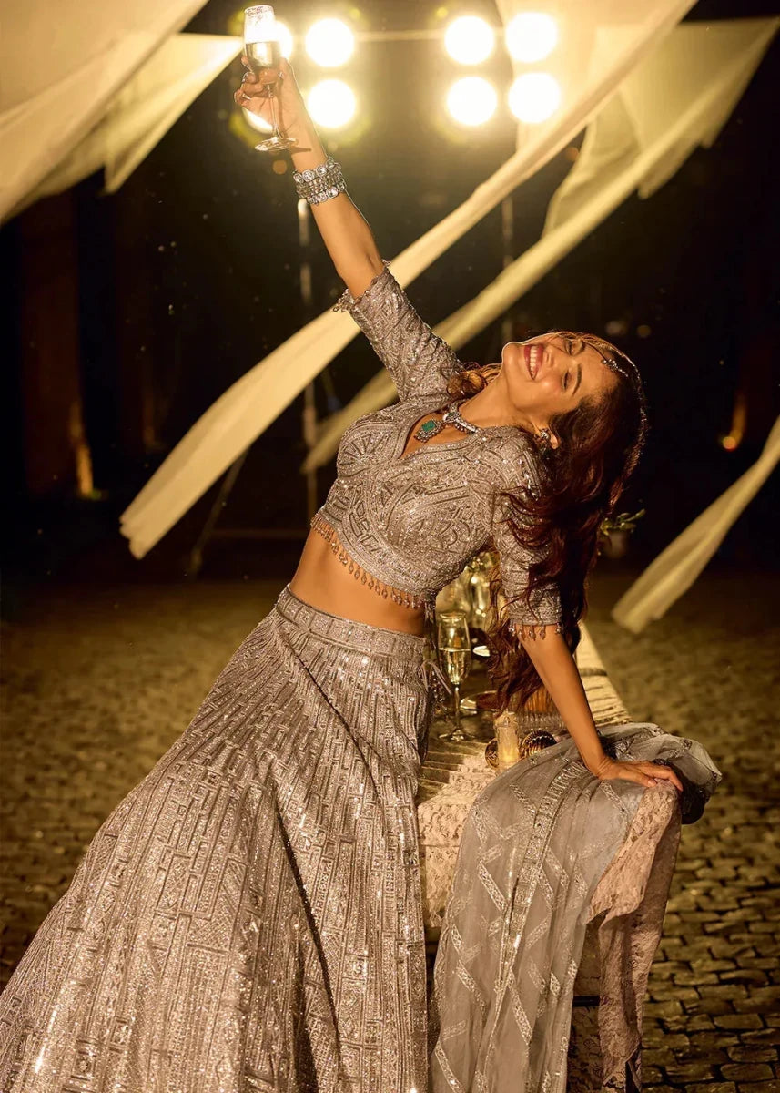 Nayoora Luxe Silver Metallic Net Mirror Work Bridal Lehenga - Nayoora