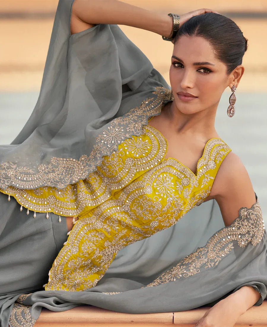 Nayoora Luxe Slate Grey & Mustard Yellow Embroidered Organza Cape Fusion Set - Nayoora