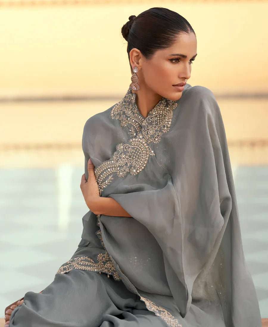 Mustard embroidered bodice dress with slate grey organza cape draped at sides