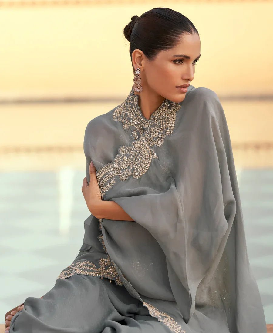 Nayoora Luxe Slate Grey & Mustard Yellow Embroidered Organza Cape Fusion Set - Nayoora