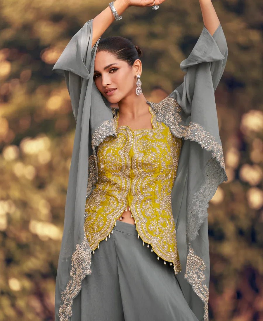 Nayoora Luxe Slate Grey & Mustard Yellow Embroidered Organza Cape Fusion Set - Nayoora