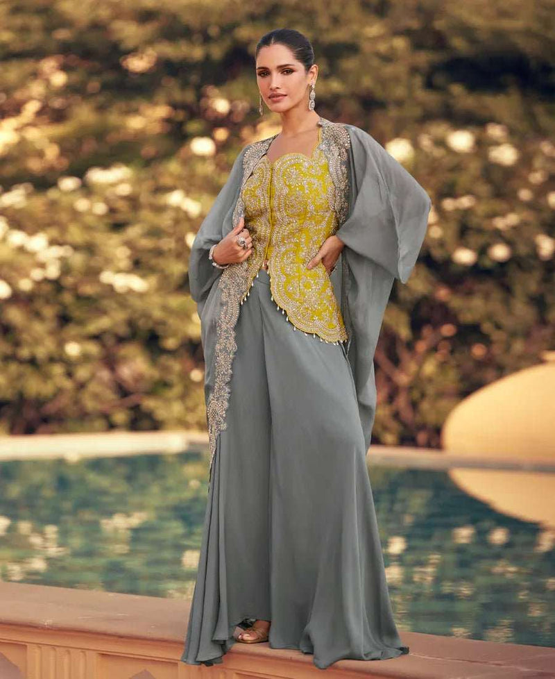 Embroidered organza cape fusion set, slate gray dress with mustard yellow front