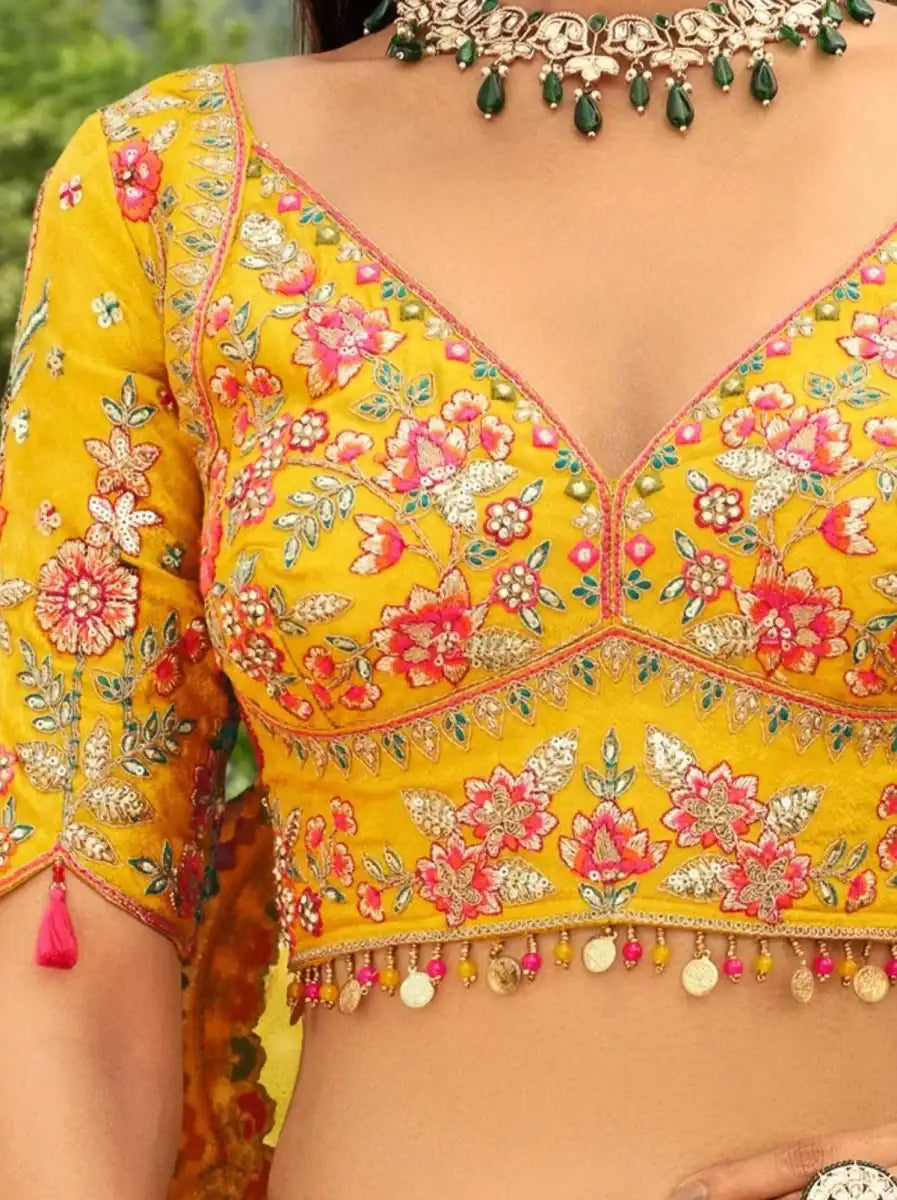 Nayoora Luxe Sunshine Yellow Floral Mirror Work Readymade Couture Lehenga - Nayoora