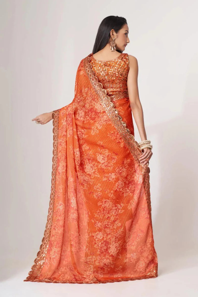 Nayoora Luxe Tangerine Orange Scalloped Sequin Organza Saree - Nayoora