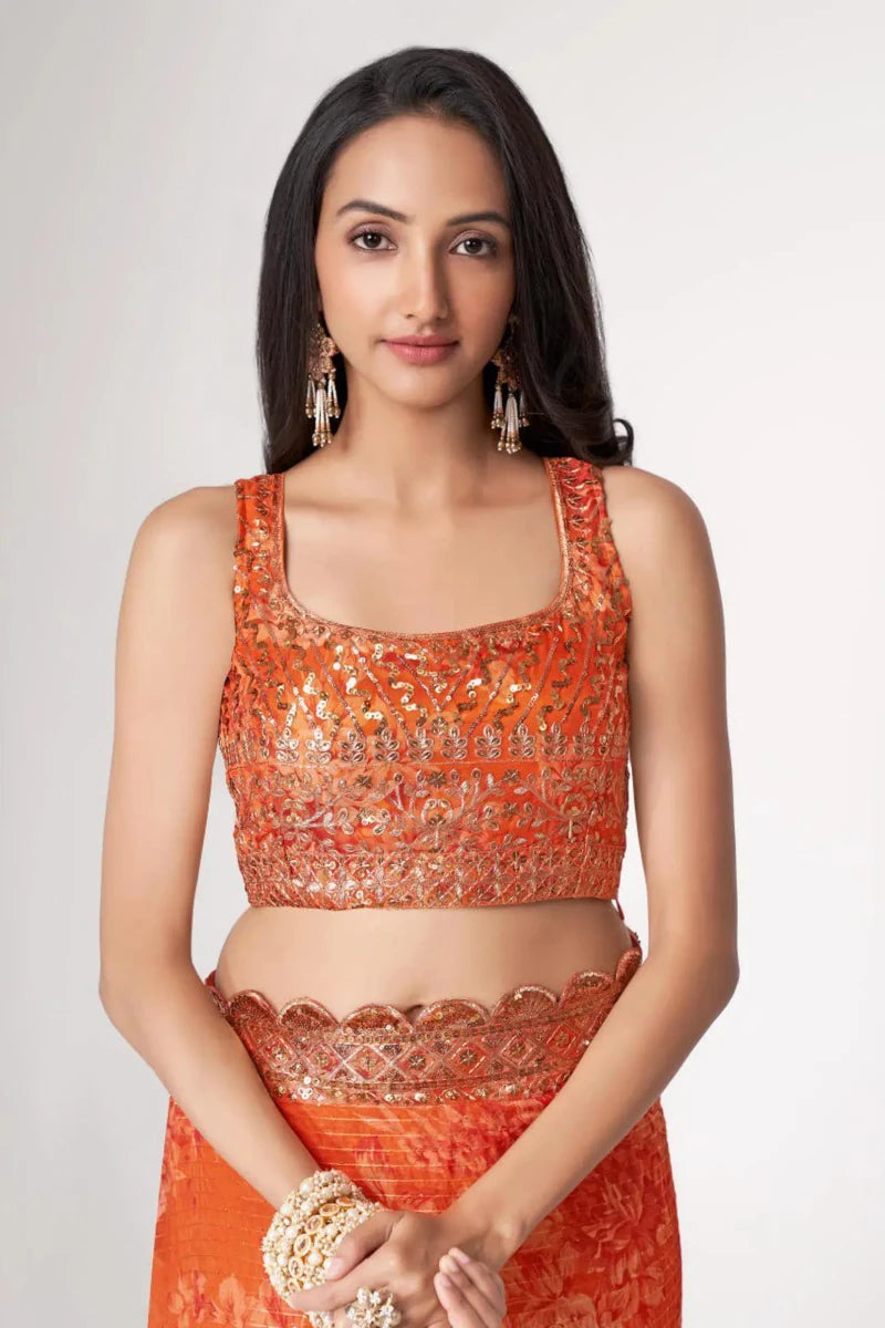 Nayoora Luxe Tangerine Orange Scalloped Sequin Organza Saree - Nayoora