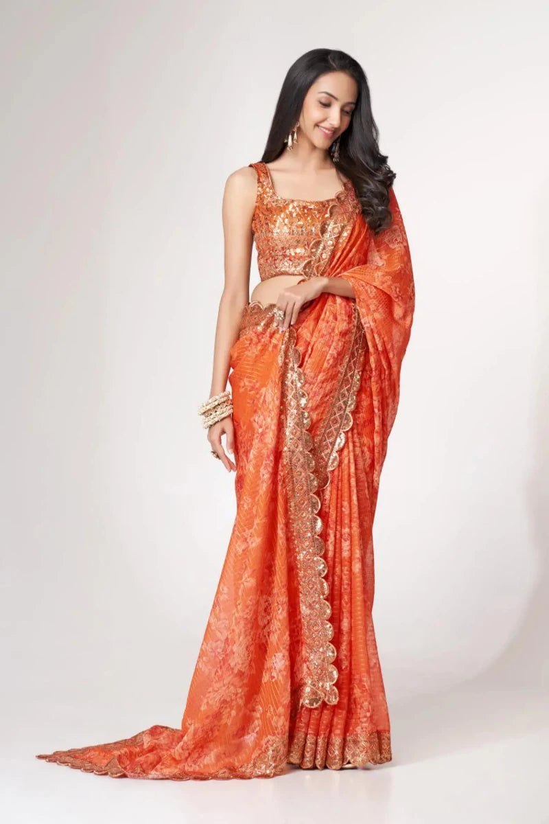 Nayoora Luxe Tangerine Orange Scalloped Sequin Organza Saree - Nayoora
