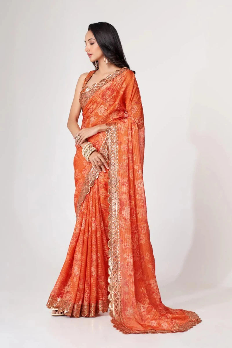 Nayoora Luxe Tangerine Orange Scalloped Sequin Organza Saree - Nayoora