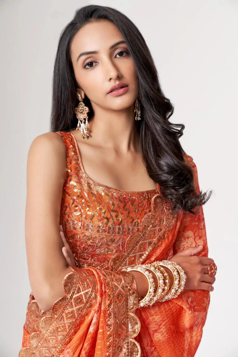 Nayoora Luxe Tangerine Orange Scalloped Sequin Organza Saree - Nayoora
