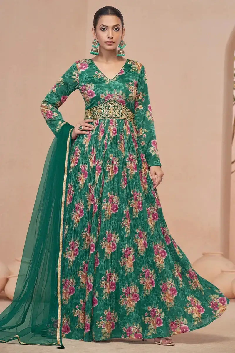 Teal floral Anarkali suit with V-neck, flared skirt, embroidered waist belt