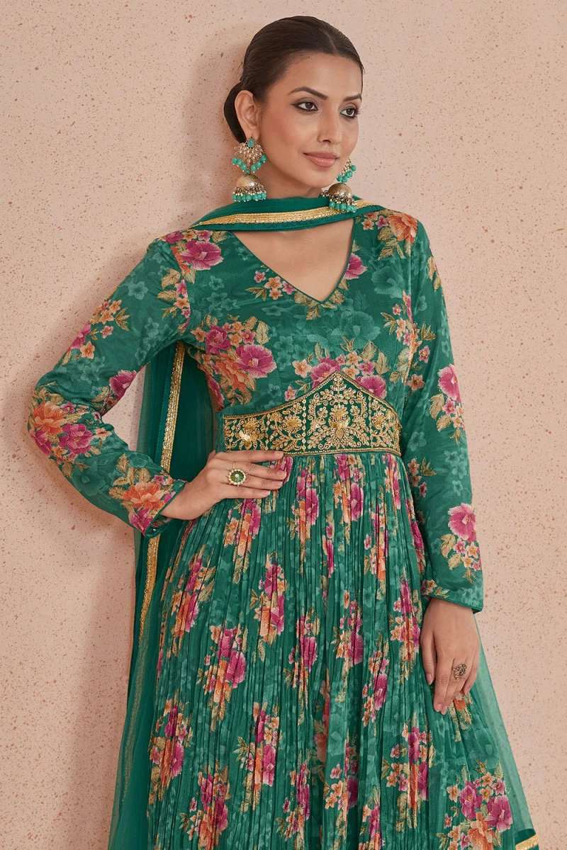 Teal floral Anarkali dress with embroidered belt detail, long sleeves