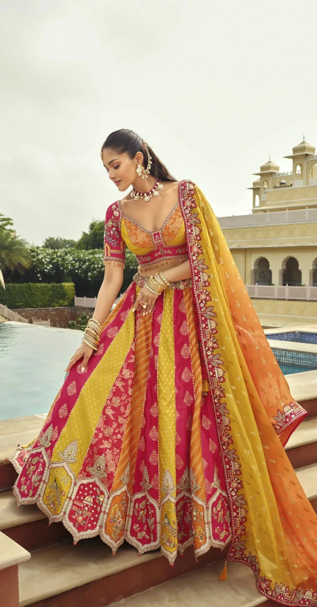 Nayoora Luxe Vibrant Yellow & Rani Pink Panel Silk Readymade Couture Lehenga - Nayoora